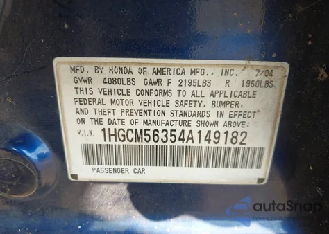 2004 Honda Accord Lx from USA, damaged, VIN 1HGCM56354A149182